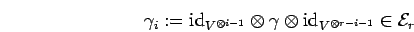 \begin{displaymath}\gamma_i :={\rm id}_{V^{\otimes i-1}} \otimes \gamma \otimes{\rm id}_{V^{\otimes r-i-1}}
\in {\cal E}_r\end{displaymath}