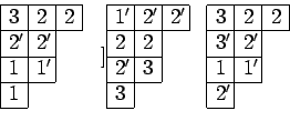 \begin{displaymath}
\begin{array}{*{4}{\vert p{2mm}}\vert}
\cline{1-3}
$3$\ &...
...{1-2}
$2'$\ &\multicolumn{3}{c}{} \\ \cline{1-1}
\end{array}
\end{displaymath}