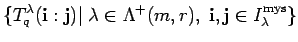 $\displaystyle \{ T^{\lambda}_q({\bf i}:{\bf j})\vert\; \lambda \in \Lambda^+(m, r),\;
{\bf i},{\bf j} \in I_{\lambda}^{\rm mys}\} $