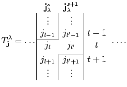 $\displaystyle T^{\lambda}_{{\bf j}} = \ldots \begin{array}{\vert c\vert c\vert ...
...cline{2-2}
j_{l+1} & j_{l'+1} & t+1 \\
\vdots & \vdots
\end{array} \ldots .$