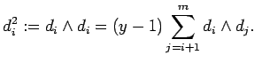 $\displaystyle d_i^2:=d_i \wedge d_i =(y-1)\sum_{j=i+1}^m d_i\wedge d_j.
 \;\;\;$